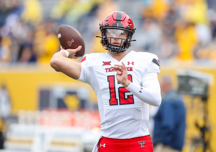 Sep 23, 2023; Morgantown, West Virginia, USA; Texas Tech Red Raiders quarterback Tyler Shough (12) throws a pass during warmups prior to their game against the West Virginia Mountaineers at Mountaineer Field at Milan Puskar Stadium. Mandatory Credit: Ben Queen-USA TODAY Sport